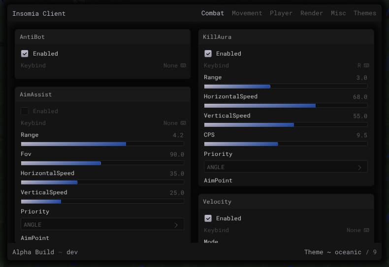 Insomia Client menu for Minecraft